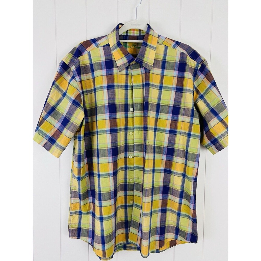 Alan Flusser Yellow Blue Checked Short Sleeve Button Down Plaid Shirt Size Large